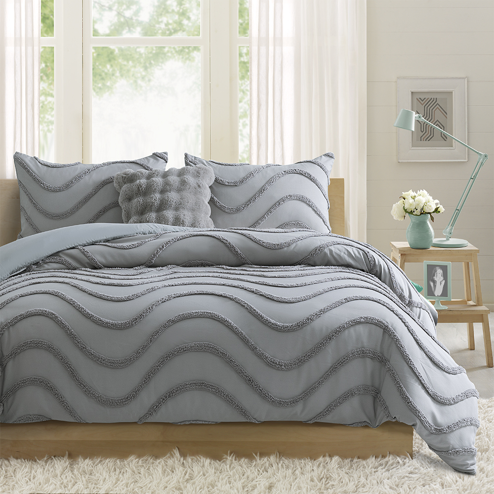 Milah Ensemble de housse de couette avec housse de couette et broderie en chenille touffetée moderne avec vagues géométriques