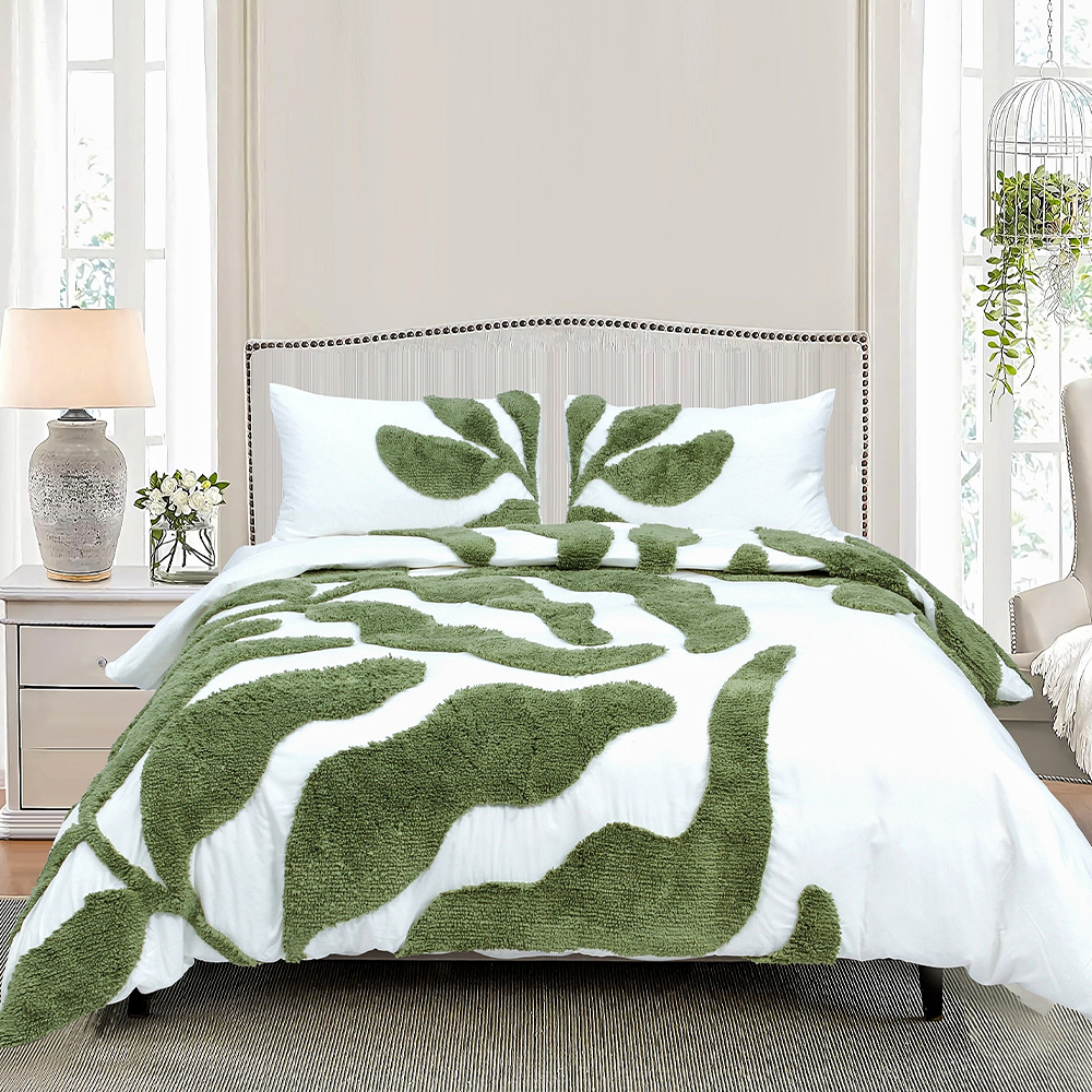 Belle botanique grande échelle feuille touffetée Chenille broderie housse de couette housse de couette ensemble de literie