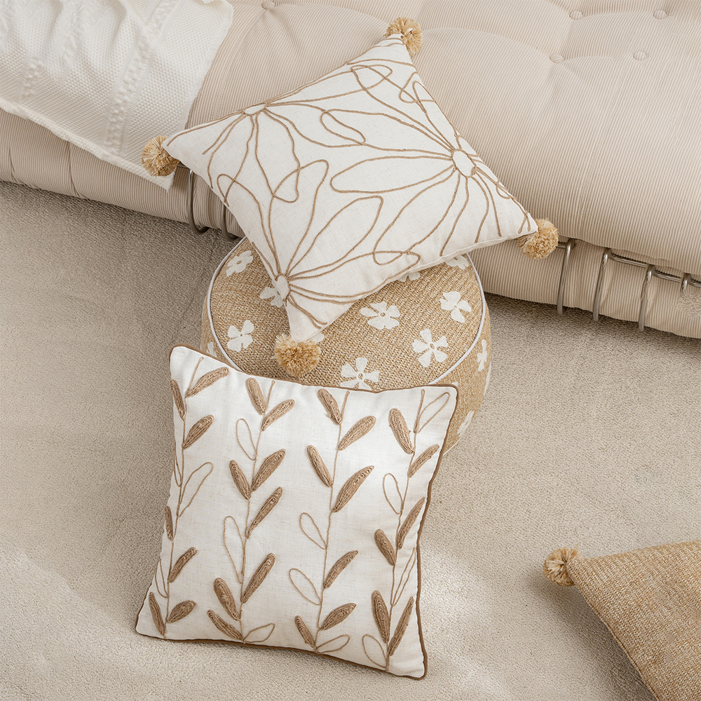 Oreiller déco coussin broderie corde florale